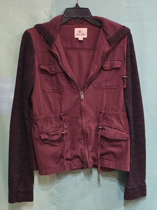 Others Follow Women's Canvas Jacket Maroon Hoodie Knit Sweater Sleeves GUC - Picture 2 of 8